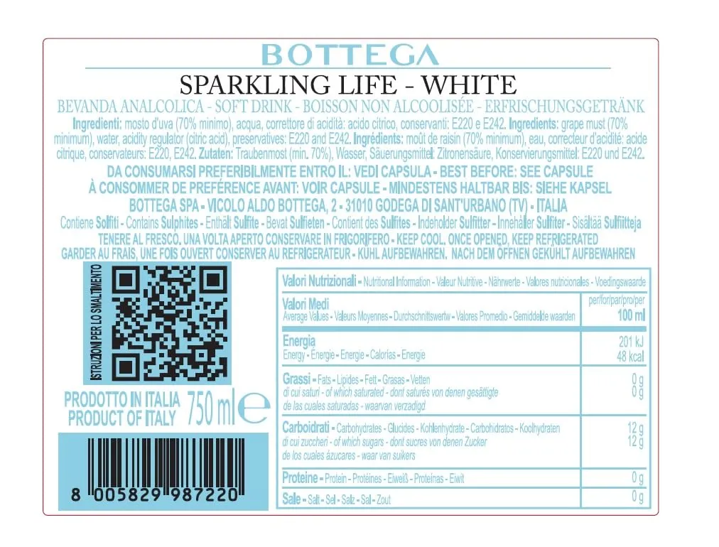 Bottega Sparkling Life 0 Bianco Spumante Analcolico 6x750ml Zero